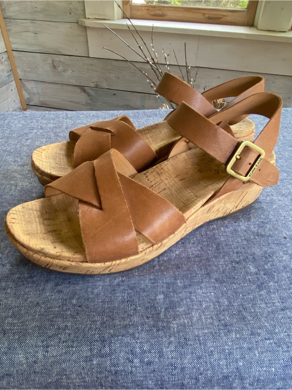 Kork-Ease Brown Leather Cork Wedge Sandals